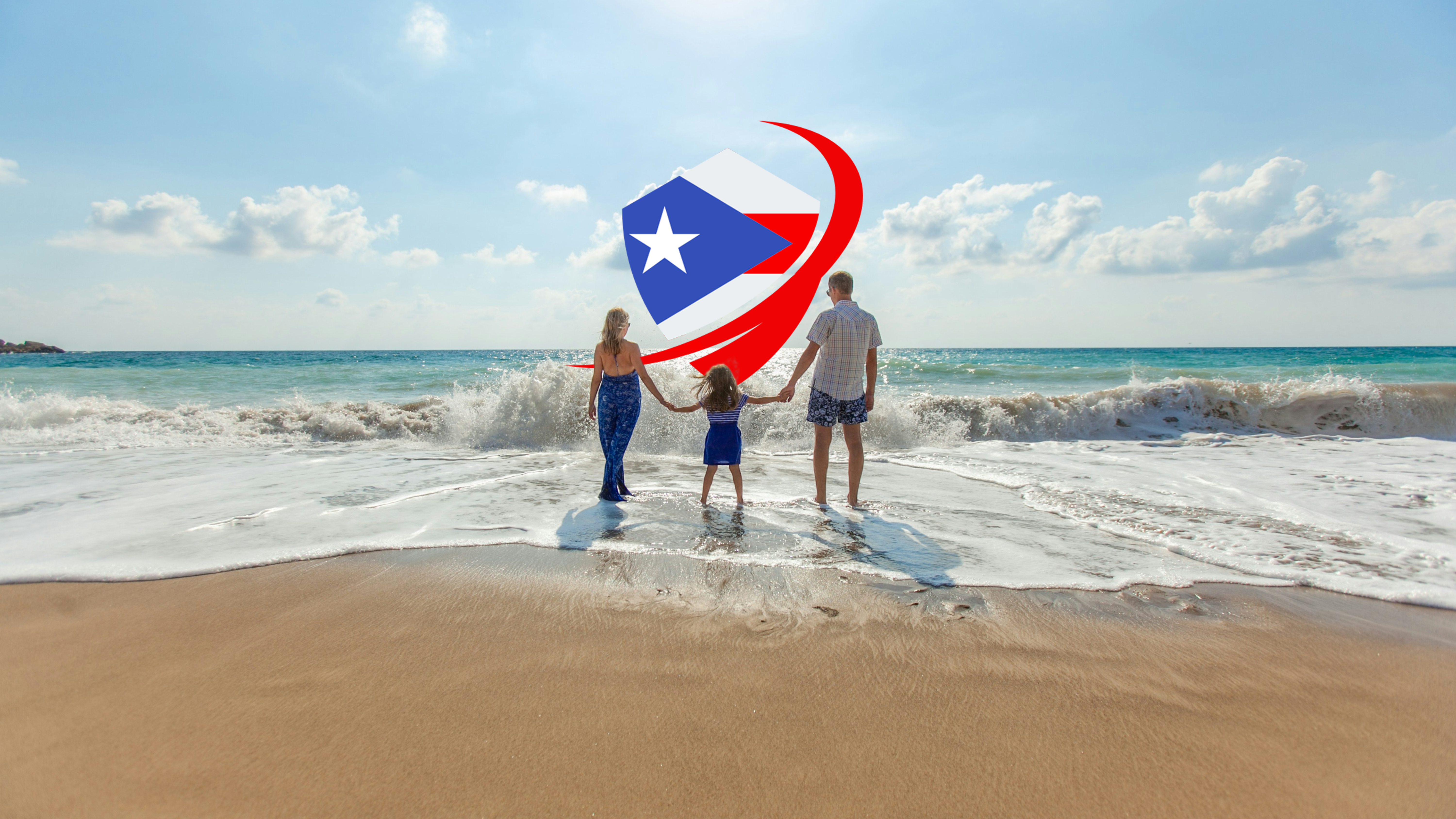 Imagen de una familia mirando hacia el mar con el escudo de PR Insurance Solutions.